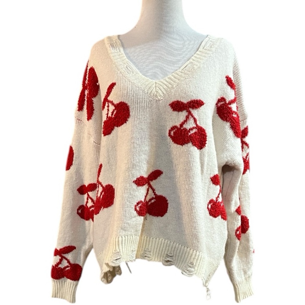 ALTAR’D STATE V NECK DISTRESSED CHERRY BRUSHED KNIT SWEATER OFF WHITE RED SIZE M